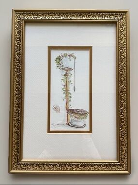 Peggy Abrams Victorian Floral Toilet Decor Gold Frame Art Print 15"x11"